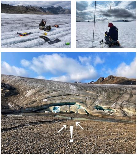 Compilation of three shots of team at work. Setting up a drone, setting up gear, and super wide shot of one person walking toward glacier.